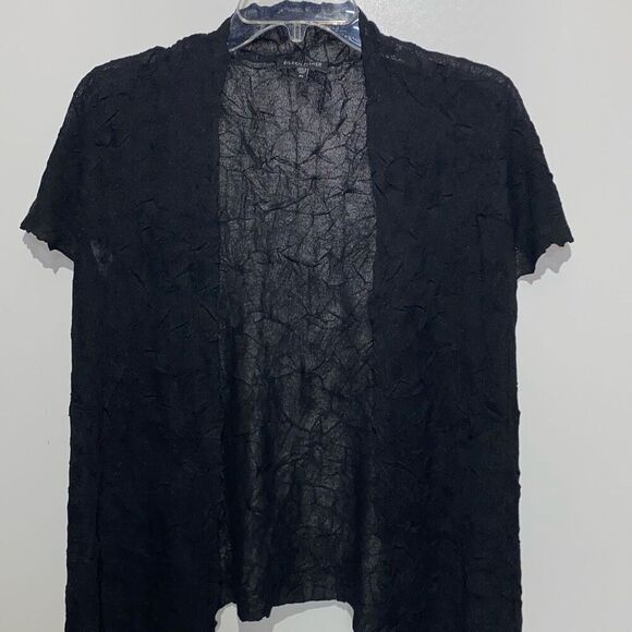 Eileen Fisher Women's Black Crinkle Knit Open Front Short Sleeve Cardigan PS - Picture 1 of 9